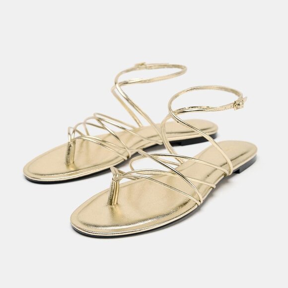 Zara Gold Strappy Flat Sandals 8 - Picture 1 of 5